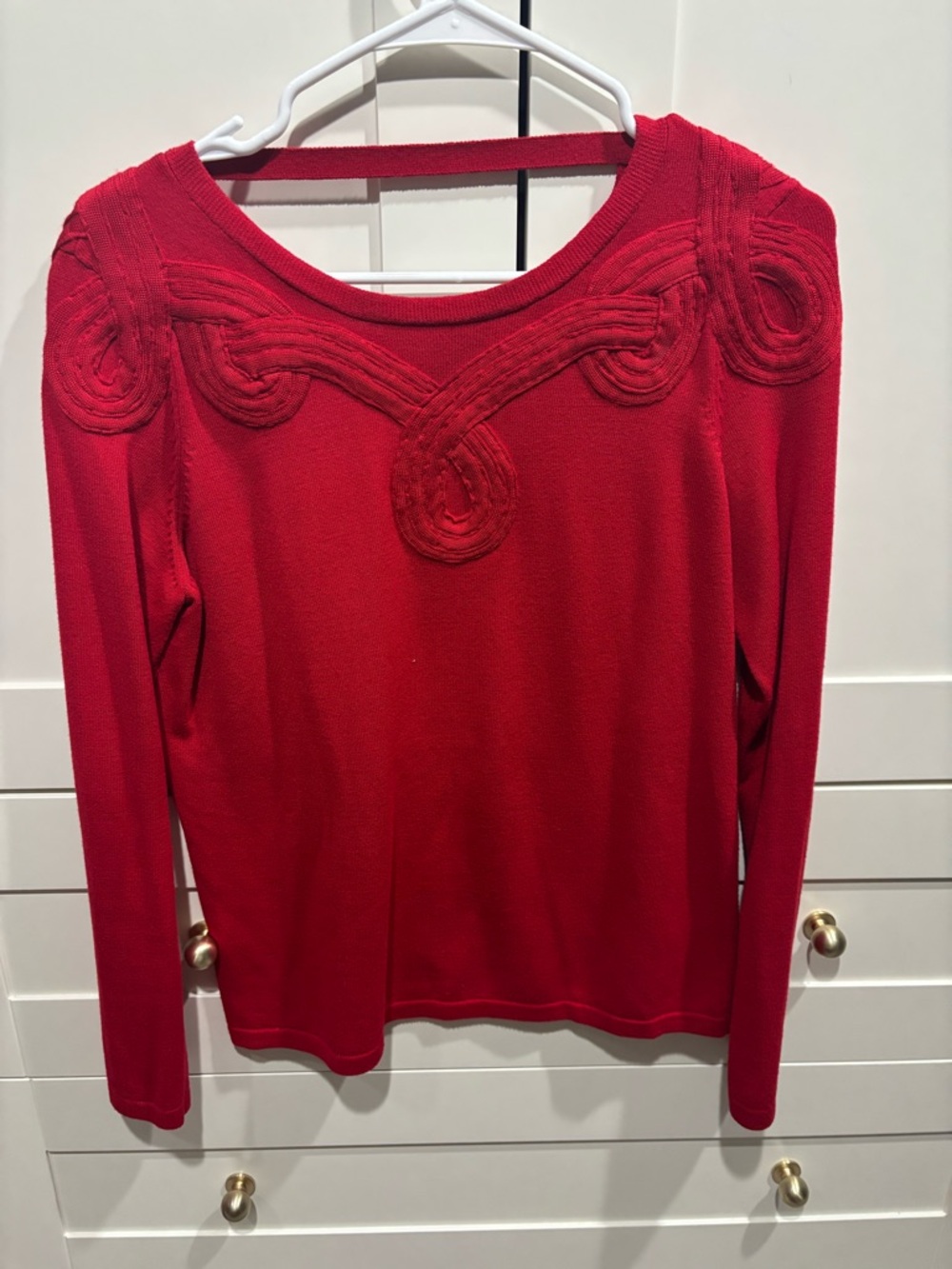 Etcetera Red Long-Sleeve Knit Top with Decorative Raised Trim